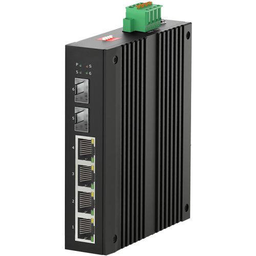 Unmanaged Industrial Switch, DIN-rail, 4x10/100/1000Base-T RJ45 ports + 2x1000Base-X SFP ports, IP40 protection level, compact design, -40 ~ +75℃ operating temperature, 12~58VDC redundant power inputs. 