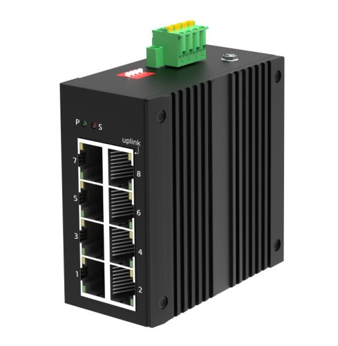 Unmanaged Industrial Switch, DIN-rail, 8x10/100/1000Base-T RJ45 ports (Port 8 as uplink port), IP40 protection level, compact design, -40 ~ +75℃ operating temperature, 12~58VDC redundant power inputs. 