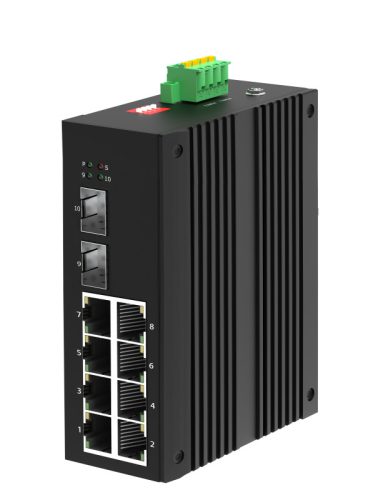 Unmanaged Industrial PoE Switch, DIN-rail, 8x10/100/1000Base-T RJ45 PoE ports + 2x1000Base-X SFP ports, IEEE 802.3af and 802.3at PoE+ compliant, IP40 protection level, compact design, -40 ~ +75℃ operating temperature, 44~57VDC redundant power inputs