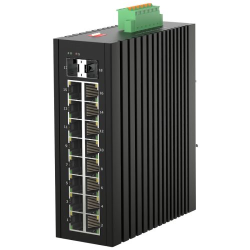 Unmanaged Industrial Switch, DIN-rail, 16x10/100/1000Base-T RJ45 ports + 2x1000Base-X SFP ports, IP40 protection level, compact design, -40 ~ +75℃ operating temperature, 12~58VDC redundant power inputs. 