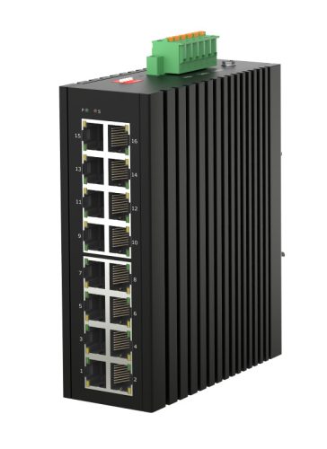 Unmanaged Industrial PoE Switch, DIN-rail, 16x10/100/1000Base-T RJ45 PoE ports, IEEE 802.3af and 802.3at PoE+ compliant, IP40 protection level, compact design, -40 ~ +75℃ operating temperature, 44~57VDC redundant power inputs. 