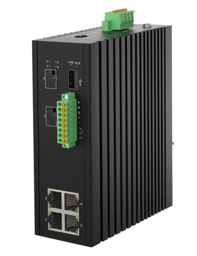 L2 Managed Industrial Switch, DIN-rail, 4x10/100/1000Base-T RJ45 + 2x1000/2500Base-X SFP ports,with DI/DO/RS485/Modbus and USB config port, IP40 protection level, compact design, -40 ~ +75℃ operating temperature, 12~58VDC redundant power inputs