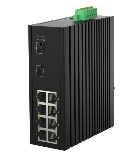 L2 Managed Industrial Switch, DIN-rail, 8x10/100/1000Base-T RJ45 + 2x1G/2.5G/10GBase-X SFP+ ports, 1 x alarm relay output, IP40 protection level, compact design, -40 ~ +75℃ operating temperature, 12~58VDC redundant power inputs