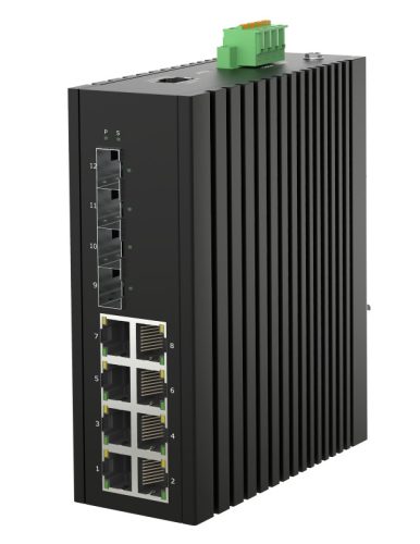 L2 Managed Industrial Switch, DIN-rail, 8x10/100/1000Base-T RJ45 + 4x1000/2500Base-X SFP ports, IP40 protection level, compact design, -40 ~ +75℃ operating temperature, 12~58VDC redundant power inputs