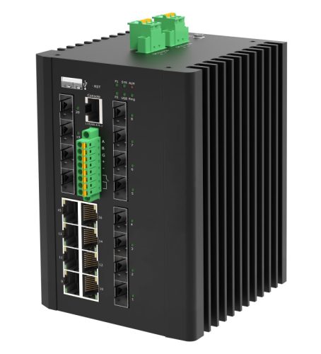 L2 Managed Industrial Switch, DIN-rail, 8x10/100/1000Base-T RJ45 + 8x100/1000Base-X SFP + 4x1G/2.5G/10GBase-X SFP+ ports, DI/DO/RS485/Modbus and USB cfg port, IP40 level, compact design, -40~+80℃ operating temperature, 12~75VDC redundant power inputs