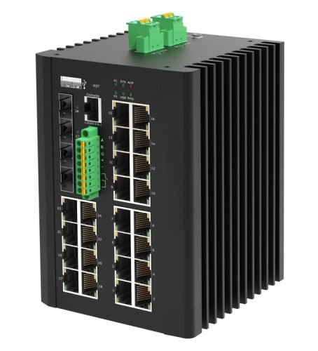 L3 Managed Industrial Switch, DIN-rail, 24x10/100/1000Base-T RJ45 + 4x1G/2.5G/10GBase-X SFP+ ports, DI/DO/RS485/Modbus and USB config port, IP40 protection level, compact design, -40 ~ +80℃ operating temperature, 12~75VDC redundant power inputs