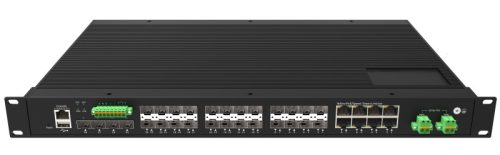 L2 Managed Industrial Switch, 1U 19-inch rack mount, 16x10/100/1000Base-T RJ45 + 8x1GE Combo + 4x1G/2.5G/10GBase-X SFP+ ports, DI/DO/RS485/Modbus and USB config port, IP40 protection, -40~+75℃ operating temperature, AC/DC redundant power supplies