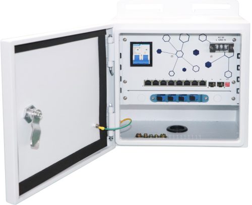 Unmanaged outdoor PoE switch with integrated 120W PSU, circuit-breaker, surge protector, optical fiber tray and cooling fan. 8x10/100/1000BaseT PoE+2x1000Base-X SFP ports. IP55 rated. PoE budget 115W.