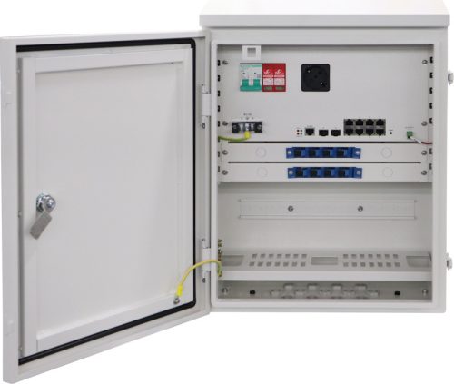 Managed outdoor PoE switch with integrated 300W PSU, air-breaker, surge protector, two fiber trays, cooling fan and AC outlet. 8x10/100/1000BaseT PoE (port1&2 90W)+2x1000Base-X SFP ports. IP66 rated.